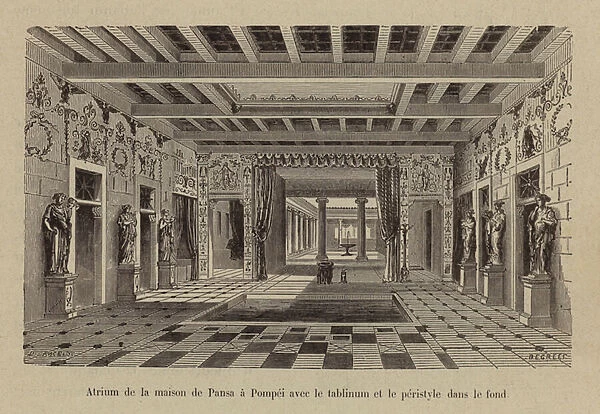 Atrium de la maison de Pansa a Pompei avec le tablinum et le peristyle dans le fond (engraving)