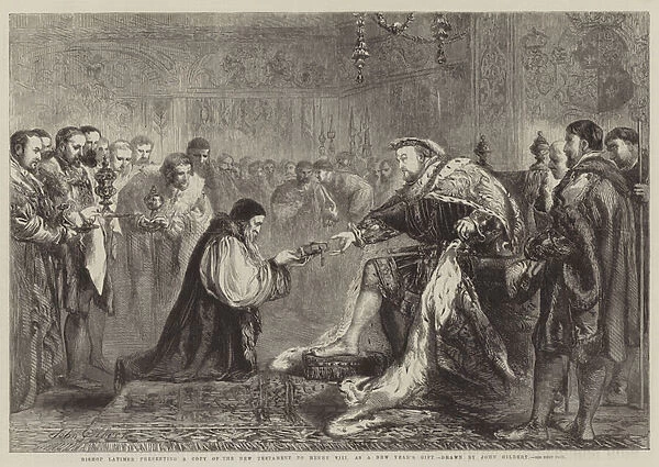 Bishop Latimer presenting a Copy of the New Testament to Henry VIII as a New Years Gift (engraving)