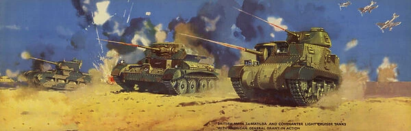 British Matilda and Covenanter light crusier tanks and American-bult Grant tank in action in North Africa, World War II (colour litho)