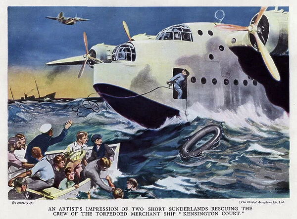 Two British RAF Short Sunderland flying boats rescuing the crew of the merchant ship Kensington Court, torpedoed and sunk by German U-boat U-32, World War II, 18 September 1939 (colour litho)