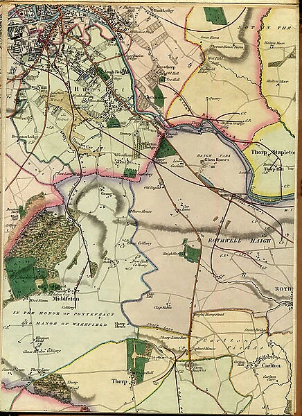 C4, south Leeds, Hunslet, Thorp, Middleton, Rothwell Haigh & Carlton, 1849 (hand coloured engraving)