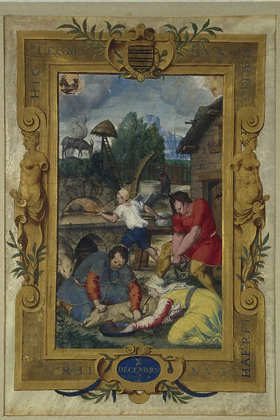 Calendar page for December, slaughtering of the pig, from a book of hours, c