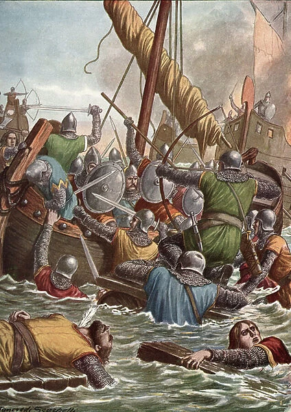 Campaign of Italy in 805: King Pepin of Italy (Carloman) attacks the Venitians in the islands of the lagoon'(Pepin or Pippin (770-810) king of Italy unsuccessful besieging Venice in 805) Illustration by Tancredi Scarpelli (1866-1937)