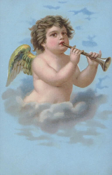 Cherub playing a trumpet (chromolitho)