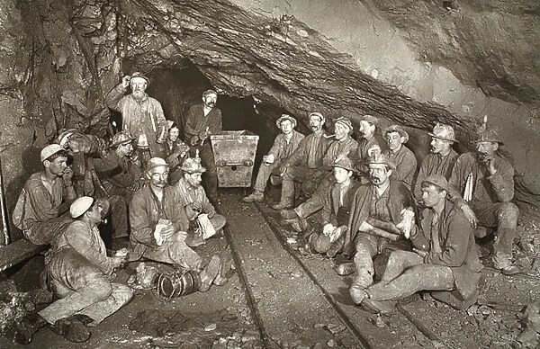 'Croust time', East Pool mine, illustration from Mongst mines and miners, or Underground Scenes by Flash-Light by J. C. Burrows and William Thomas, pub. 1893 (sepia photo)