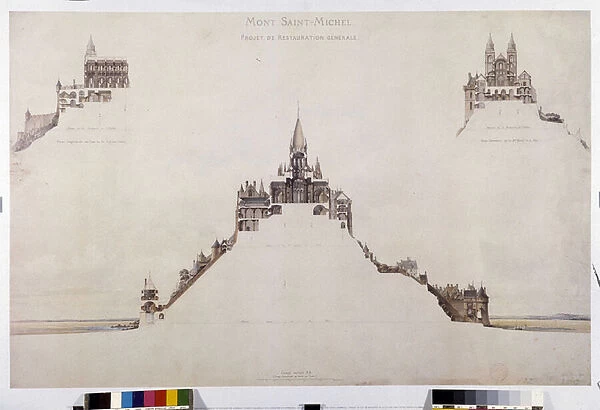 Cup of Mont Saint Michel representing the restoration project. Drawing by Emile Sagot. Municipal Museum of Avranches (Manche)