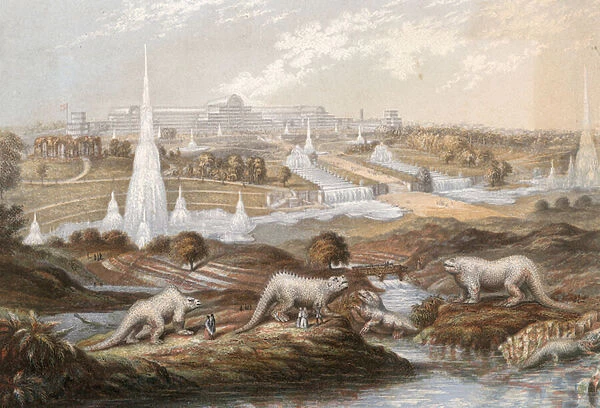 Dinosaurs at Crystal Palace (coloured engraving)