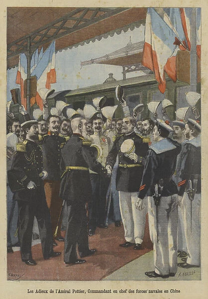 Farewells of Admiral Edouard Pottier, commander of French naval forces in China (colour litho)