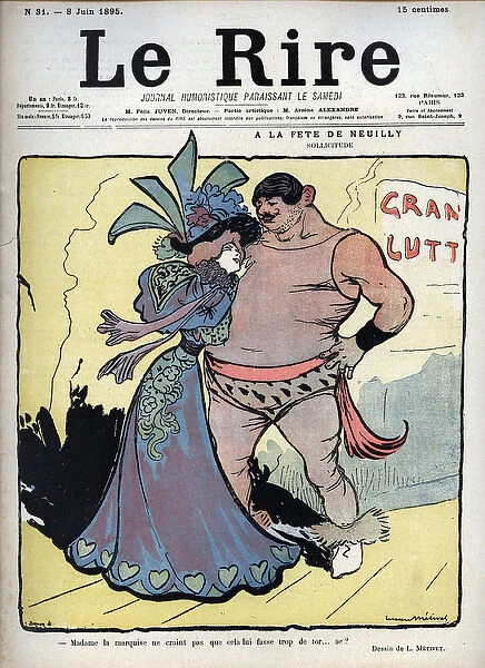 At the feast of Neuilly: care - a woman clothed elegantly talks with a drawing wrestler