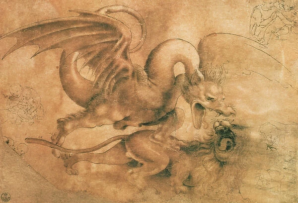 Fight between a Dragon and a Lion (brown ink with wash on paper)
