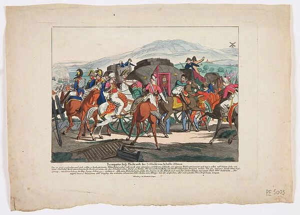 The Flight of Napoleon from the Battle of Waterloo, 1815 (coloured etching)