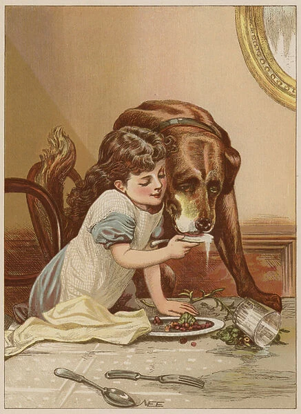 Girl feeding dog (chromolitho)