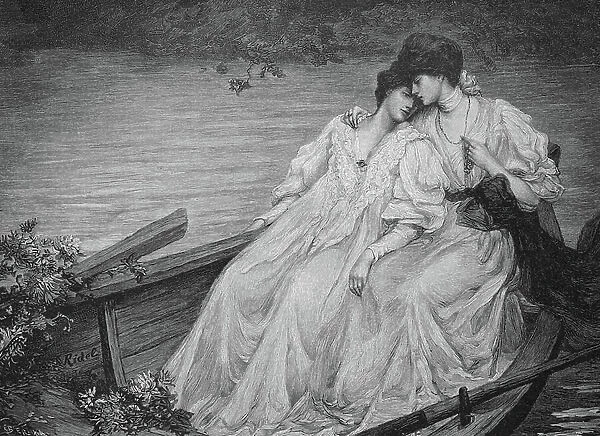 Girlfriends, two young woman embracing on a rowing boat by the lake, after a painting by L. Ridel