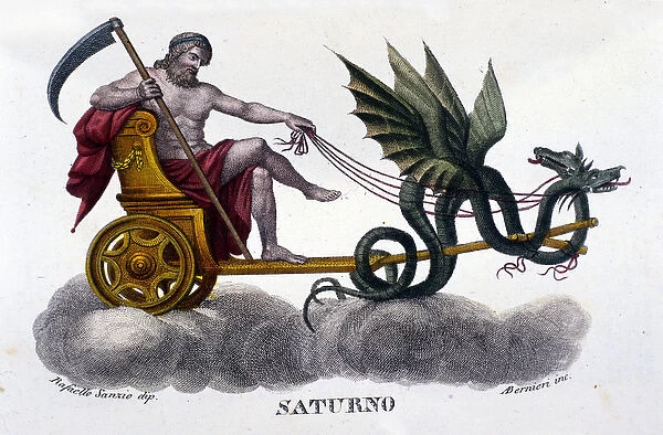 The God Saturn (or Cronos) on a tank fired by two dragons