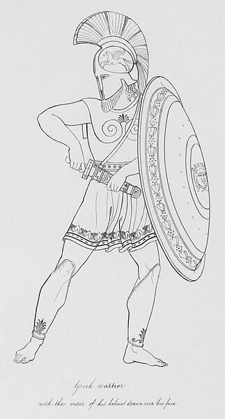 Greek warrior with the visor of his helmet drawn over his face (engraving)