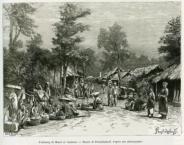 Hanoi Faubourg and street vendors. Engraving by Y. Pranishnikoff, after a photograph, to illustrate the story Trente mois au Tonkin in 1884, by Doctor Hocquard, in le tour du monde 1889, directed by Edouard Charton (1807-1890), Hachette, Paris