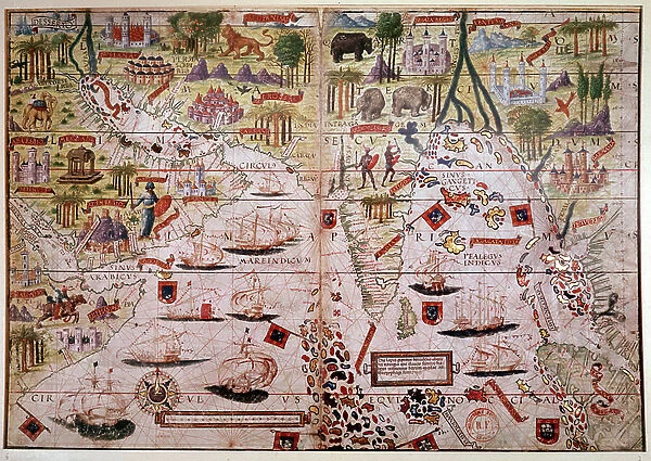 The Indes Portuguese nautical atlas. Page of the Atlas Miller manuscript made in 1519 by Pierre and Georges Reinel, Lopo Homem (cartographers) and Antoine de Hollande (miniaturist). 16th century. Paris, B N