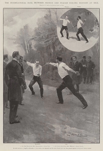 The International Duel between French and Italian Fencing Masters at Nice (litho)