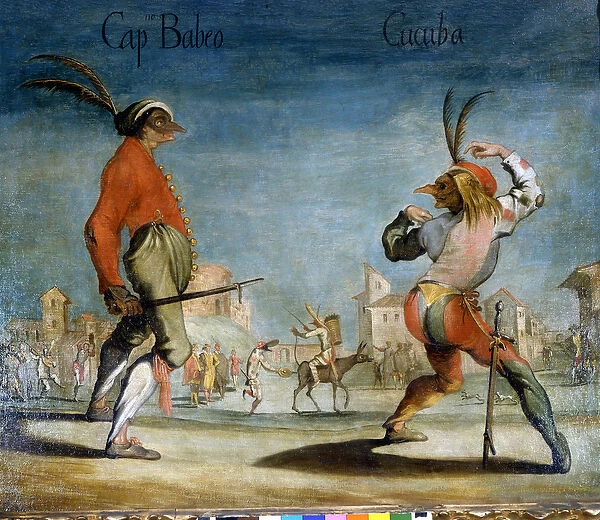 Italian masks from the Commedia dell Arte: Captain Babbeo and Cucuba