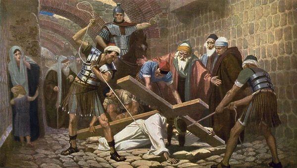 Jesus falls for the second time while carrying his Cross (colour litho)