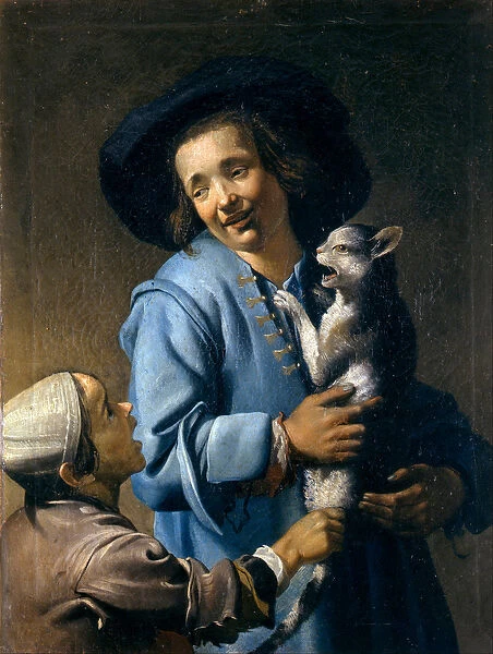 'Jeunes jouant avec un chat'(Youths playing with the cat