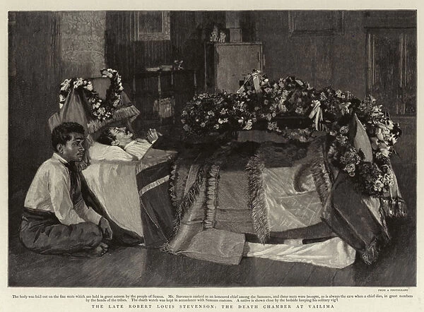 The Late Robert Louis Stevenson, the Death Chamber at Vailima (engraving)