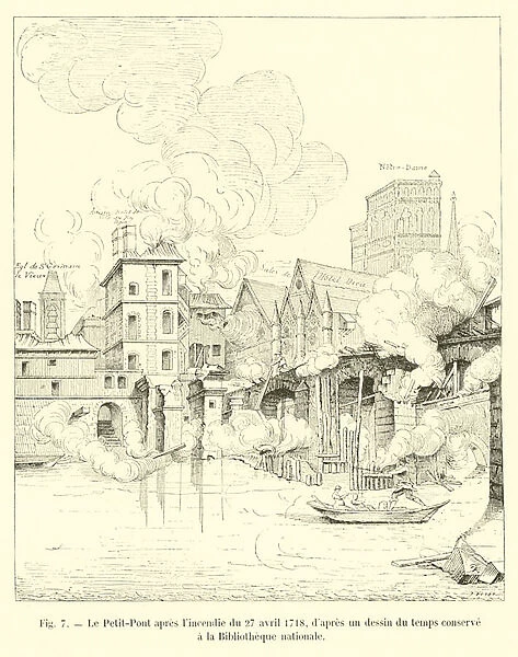 Le Petit-Pont apres l incendie du 27 avril 1718, d apres un dessin du temps conserve a la Bibliotheque nationale (engraving)