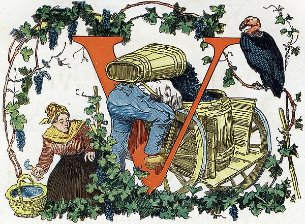 Letter V: Harvest, Harvesters, Wine, Car, Vulture. engraving in ' Alphabet'. Finish printing on 15 November 1875 by Charles Unsinger for Alphonse Lemerre, bookseller-publisher, Paris, 27-31 passage Choiseul