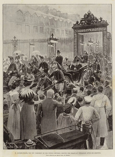 M Casimir-Perier, the New President of the French Republic, leaving the Palace at Versailles after his Election (litho)