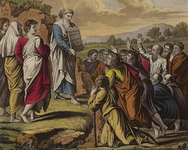 Moses delivering the Ten Commandments (colour litho)
