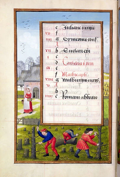 Ms 1058-1975 f2v Cutting Trees and Binding Faggots, from a Book of Hours, c. 1500 (vellum)