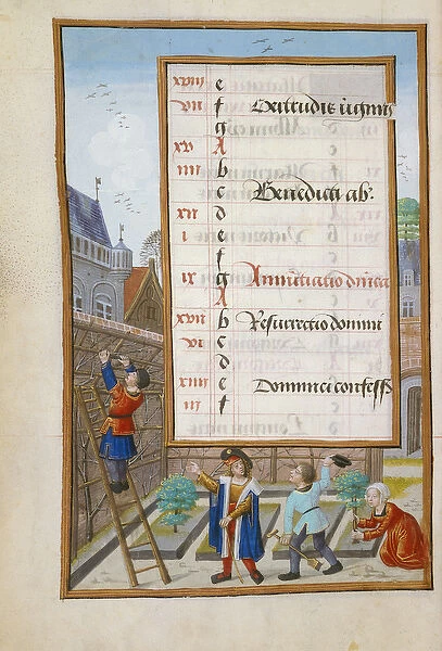 Ms 1058-1975 f3v Owner Giving Orders to his Gardeners, illuminated calendar page for