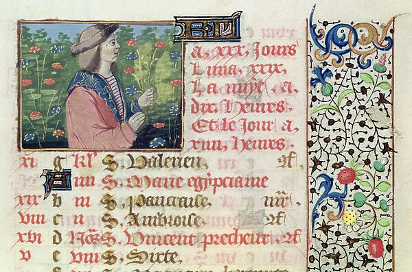 Ms 134 April: Picking Flowers, from a Book of Hours (vellum)