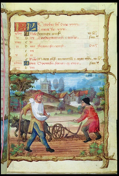 Ms 438 The Month of October: Ploughing and Sowing, from a Book of Hours, 1490 (vellum)