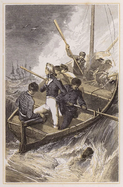 Nelson put on board his ship during a storm (coloured engraving)
