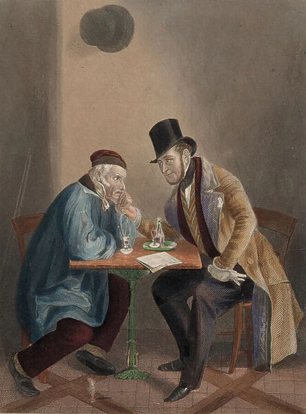 The Parliamentary candidate taking a drink with a member of the electorate (coloured engraving)