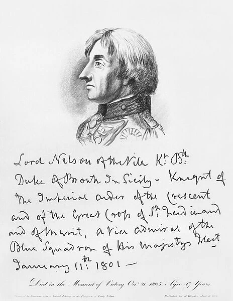 Portrait of Admiral Horatio Nelson with his handwriting (engraving) (b  /  w photo)