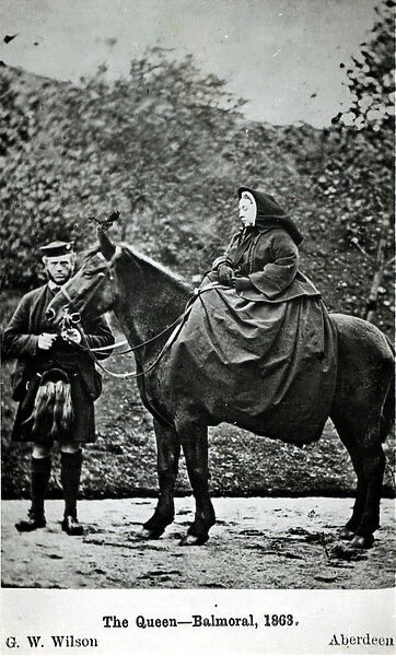 Queen Victoria (1819-1901) on horseback at Balmoral, 1863 (b  /  w photo)