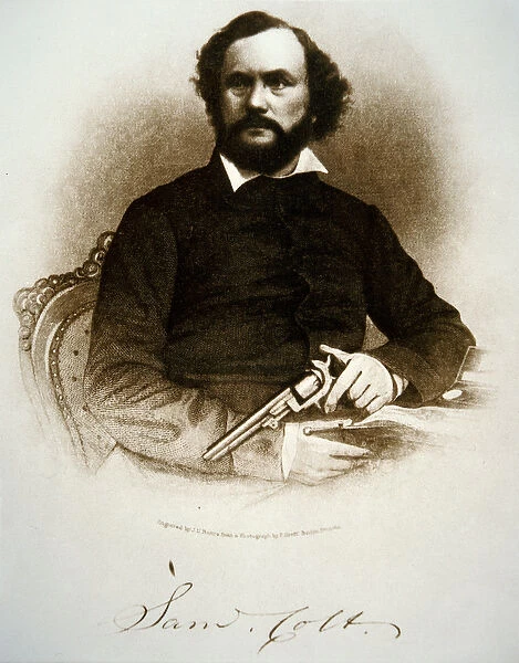 Samuel Colt holding one of his percussion revolvers (engraving)