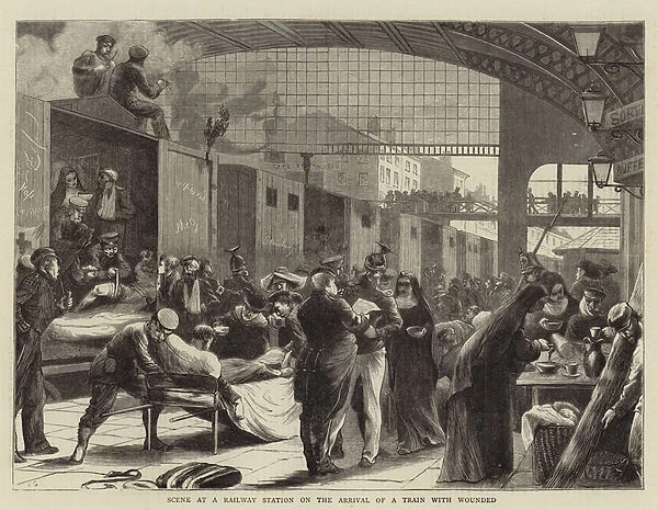 Scene at a Railway Station on the Arrival of a Train with Wounded (engraving)
