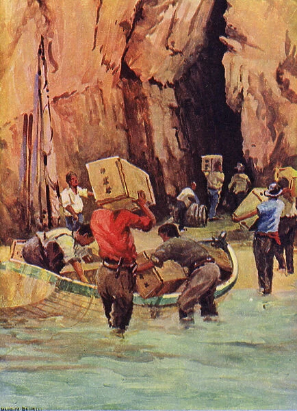 Smugglers hiding their contraband in caves (colour litho)