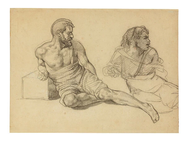 Two studies for the figure seated at the foot of the mast (black chalk & pencil on paper)
