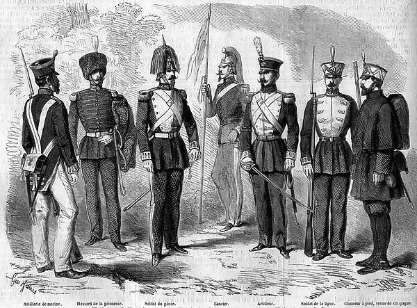 Uniforms of the Spanish army, 1859. From left to right: naval artillery, princess hussard
