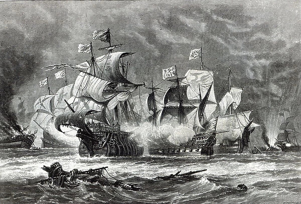 The Vanguard, under Sir William Winter, engaging the Spanish Armada, from Leisure Hour