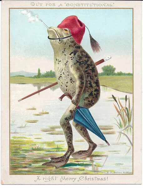 A Victorian Christmas card of a frog out for a walk holding an umbrella