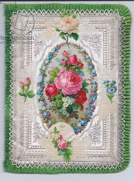 A Victorian decoupage embosed paper lace greeting card with a pleated silk border of a