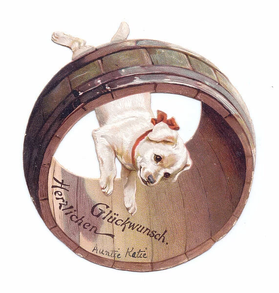 A Victorian Die-cut shape card of a dog in a rolling drum, c. 1880 (colour litho)