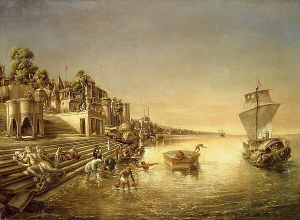 View of Benares with People Bathing and Praying in the Ganges (oil on canvas)