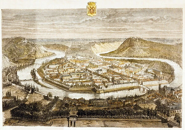 View of Besancon, France (colour engraving)