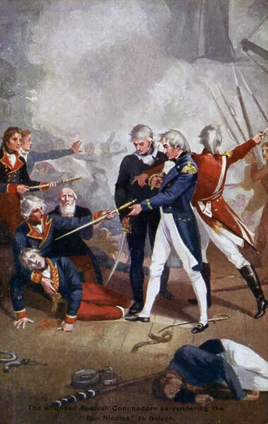 The wounded Spanish Commodore surrendering the San Nicolas to Nelson (colour litho)